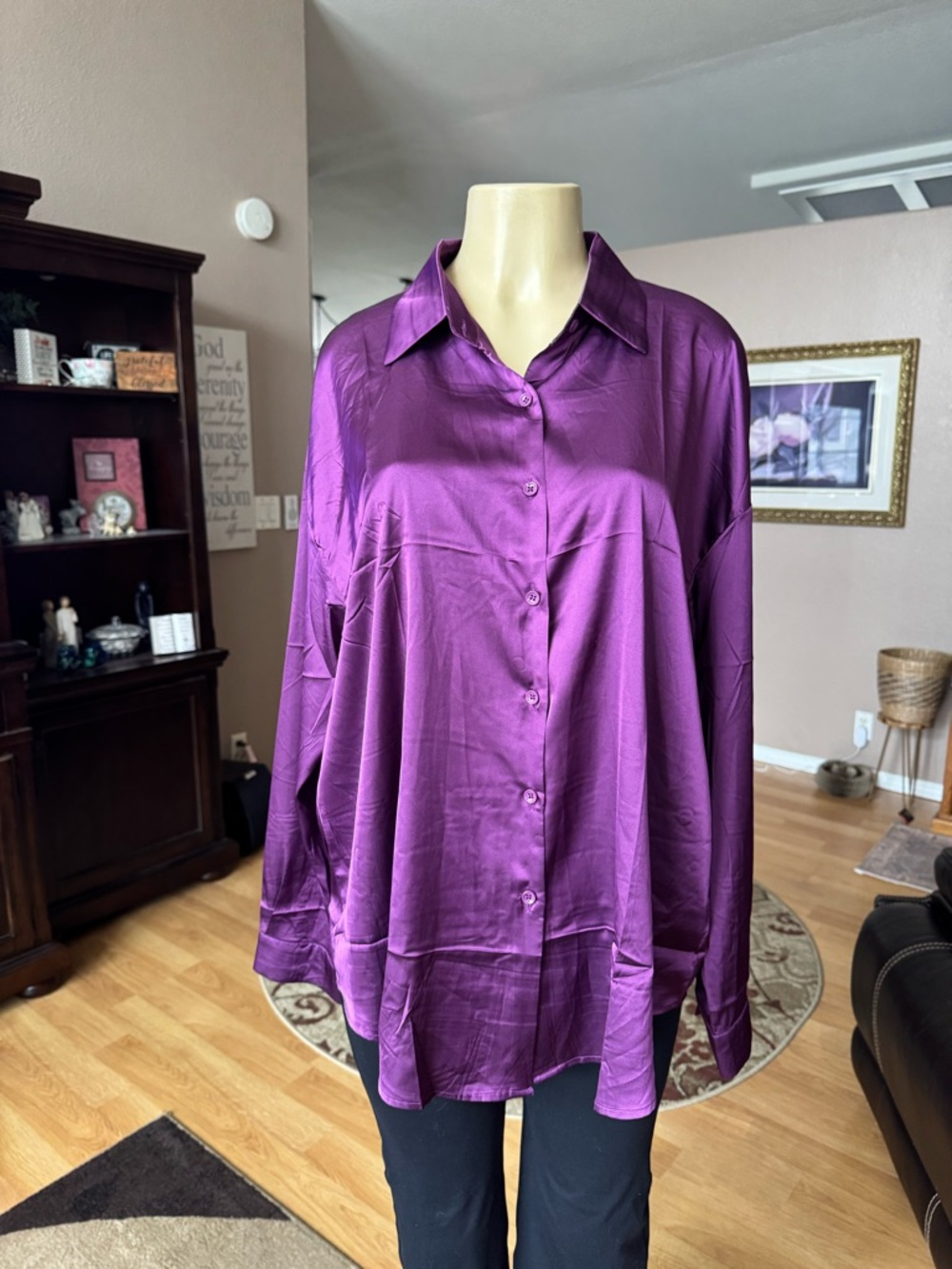 Chigant satin purple long sleeves button up blouse-size 1X